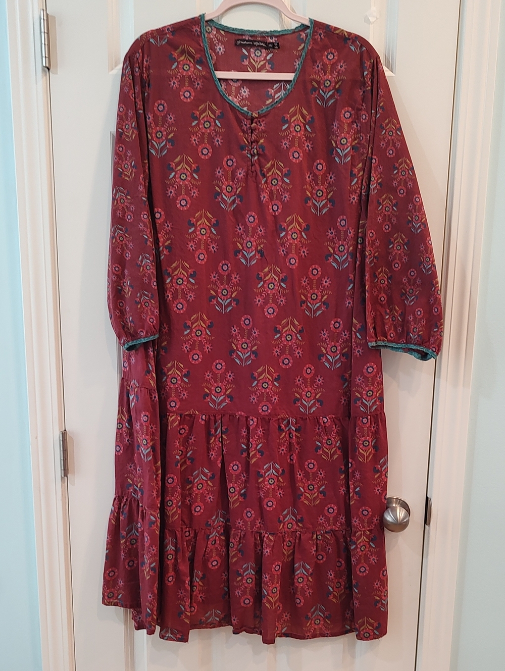 Gudrun Sjoden Burgundy Floral Tiered Long-Sleeve Dress